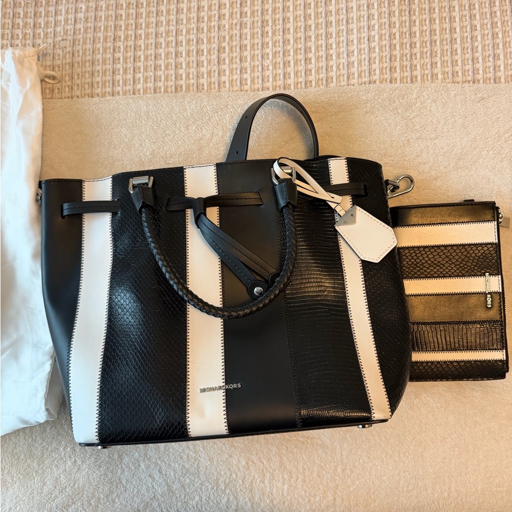 Michael Kors Black and White Striped Leather Tote with Braided Handles